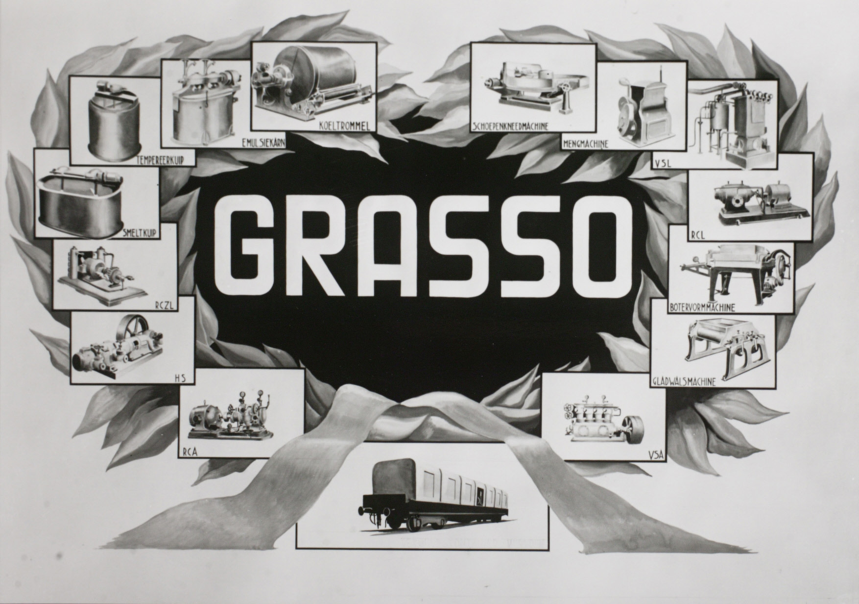 Beschrijving: Reproductie reclameplaat Grasso`s Machinefabrieken N.V. Ontwerp G. Kerst. Datering: 13 april 1942