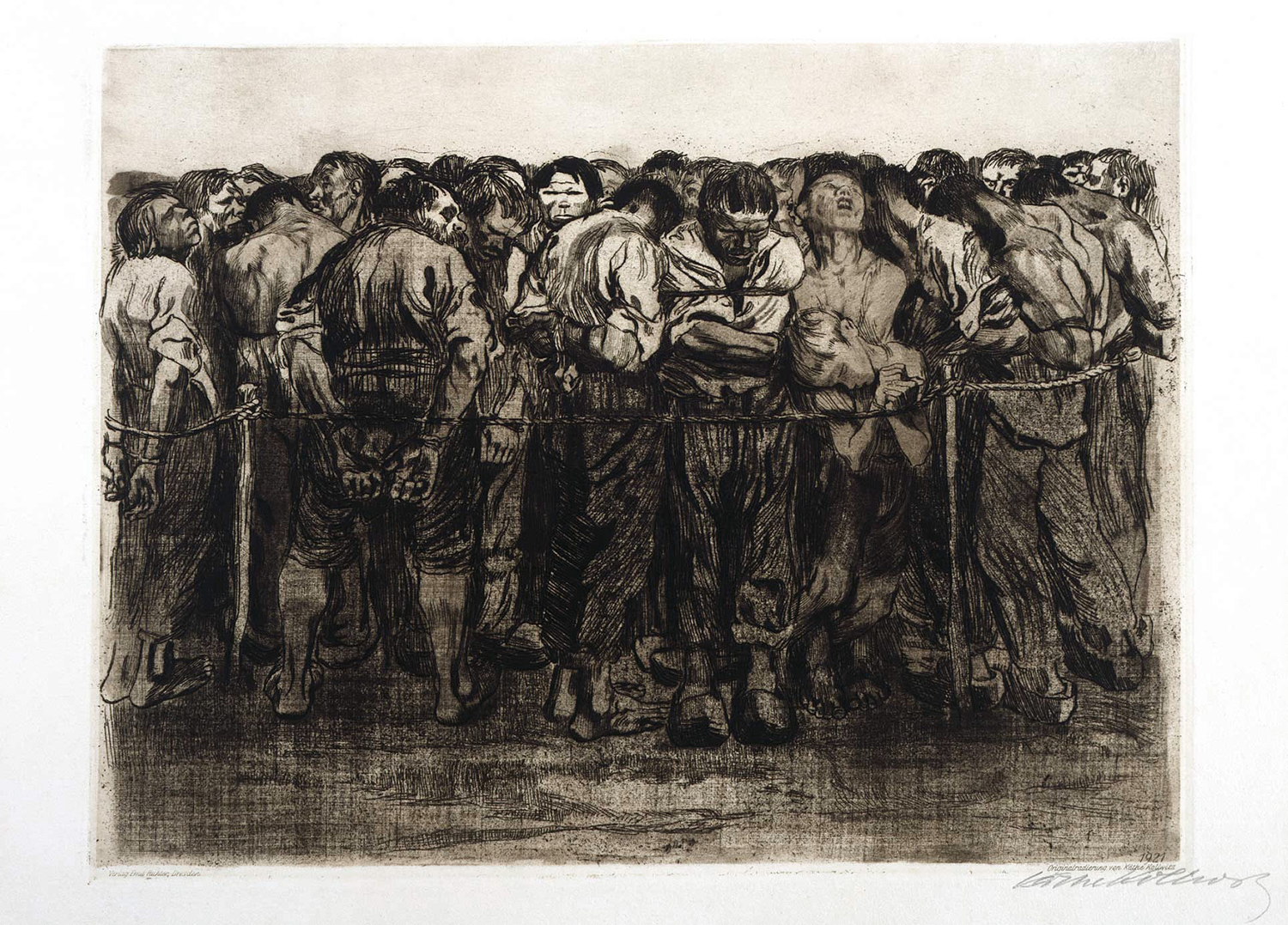 De gevangenen, ets van Käthe Kollwitz, 1908